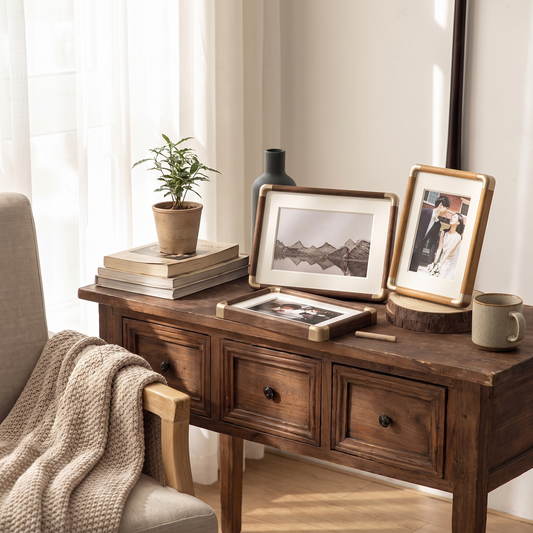 Brooks tabletop photo frame in solid wood with metal corner detailing